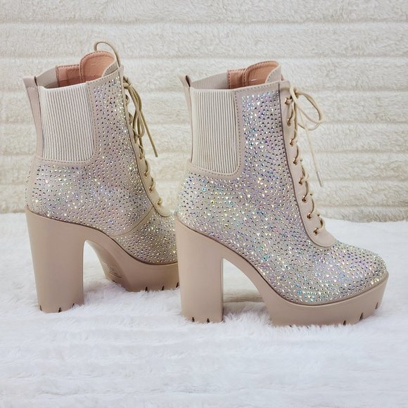 Barri Nude Rhinestone Chunky Heel Platform Ankle Boots - Picture 7 of 15